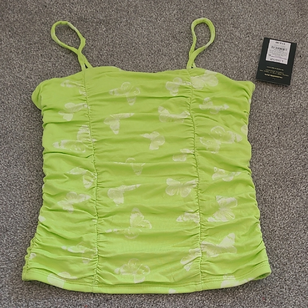Lime Green Ruched Butterfly Print Women's Top